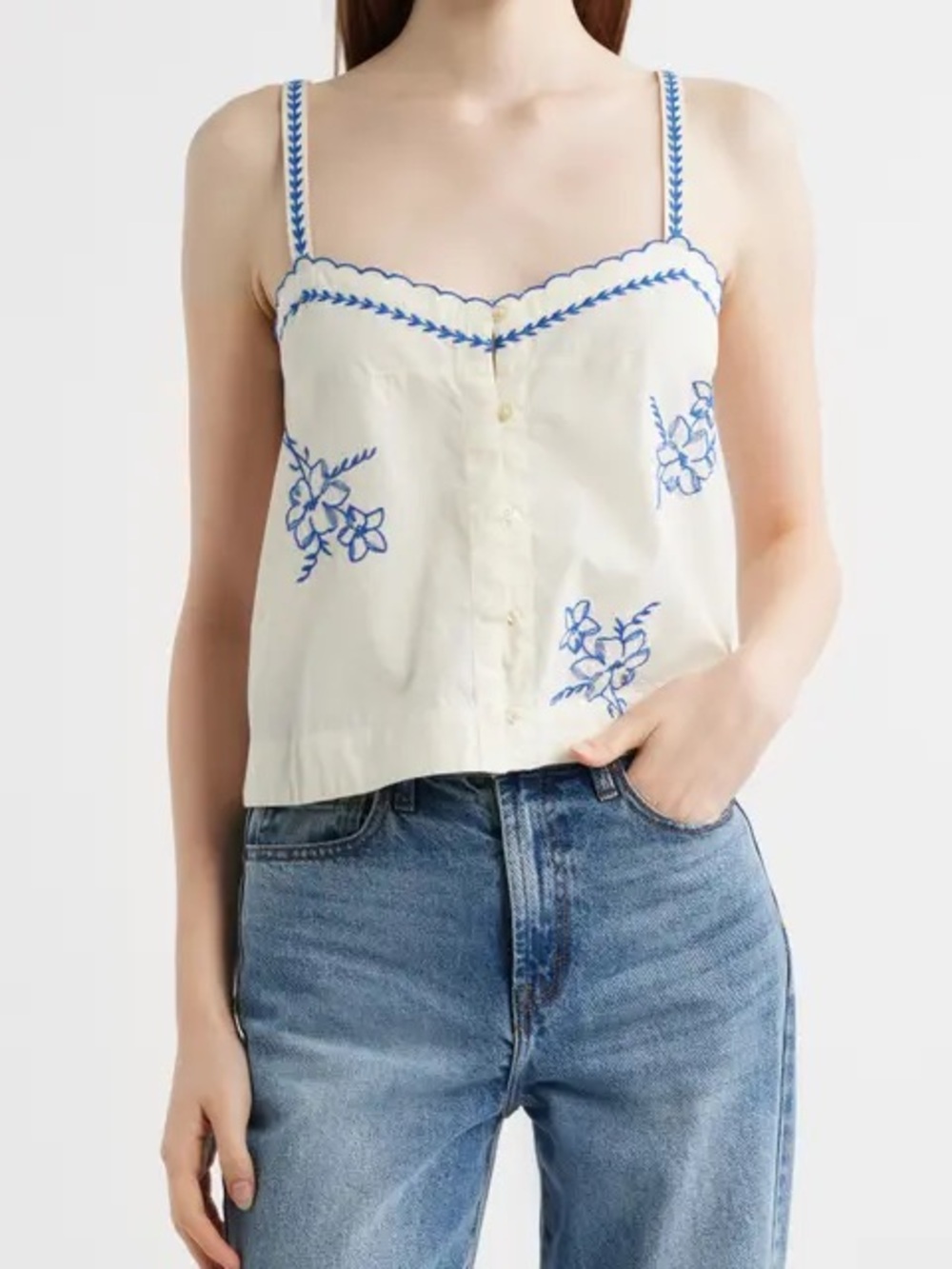 THE GREAT The Weekend Ivory Tank with Blue Floral Embroidery Size S - Picture 6 of 11